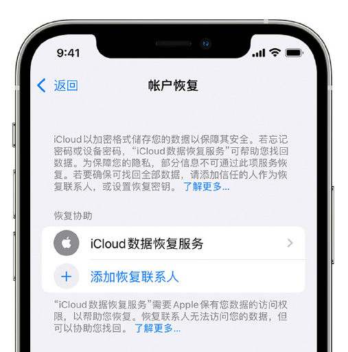 隆子苹果手机维修分享在 iPhone 上设置帐户恢复联系人的方法 