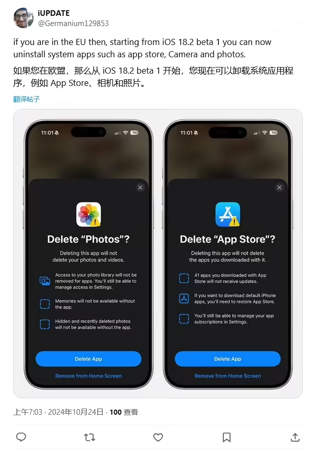 隆子苹果手机维修分享iOS 18.2 支持删除 App Store 应用商店 