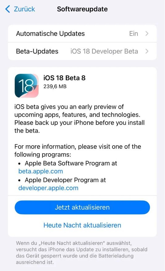 隆子苹果手机维修分享苹果 iOS / iPadOS 18 开发者预览版 Beta 8 发布 